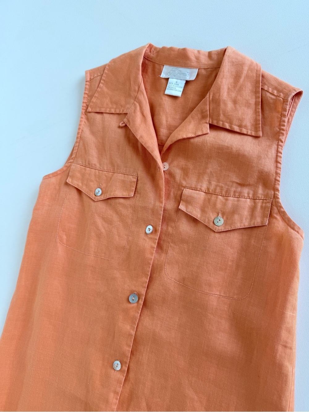 K Arnold 100% Linen Sleeveless Button Front Camp Shirt Orange Size Small